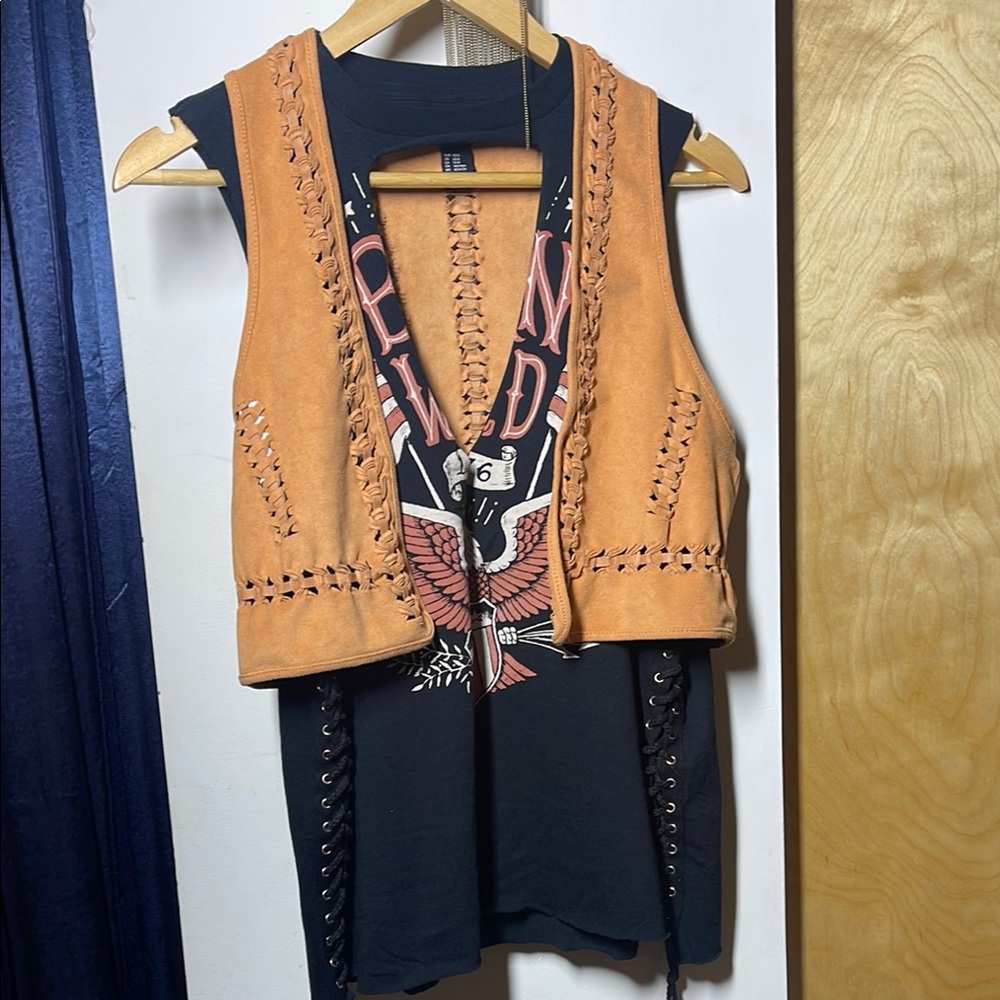 Tan Vest with Black Graphic Top